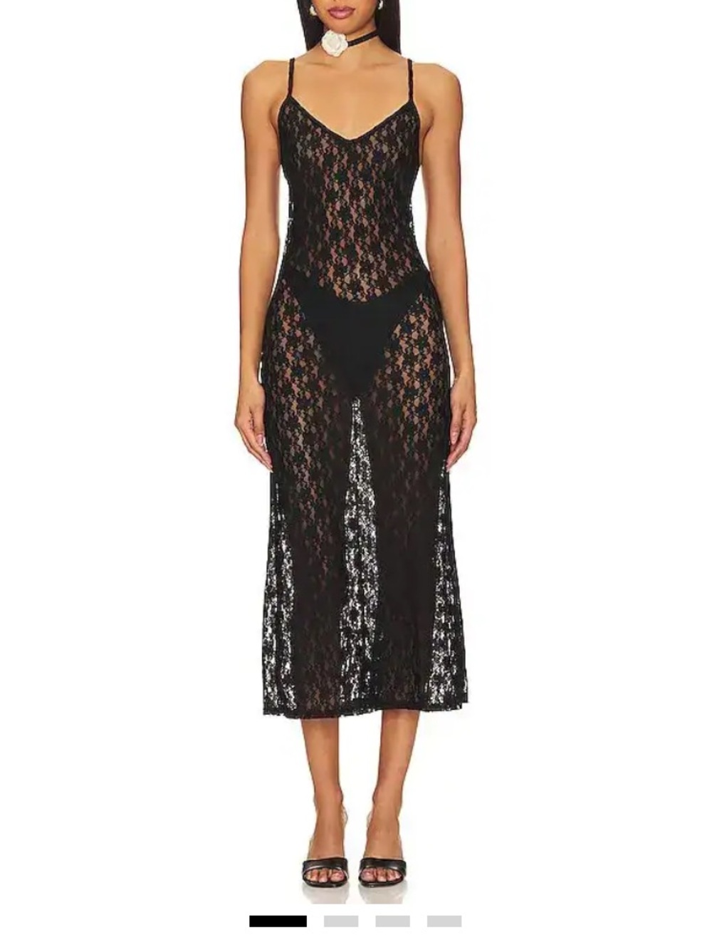 Sheer Lace Midi Slip Dress - Black